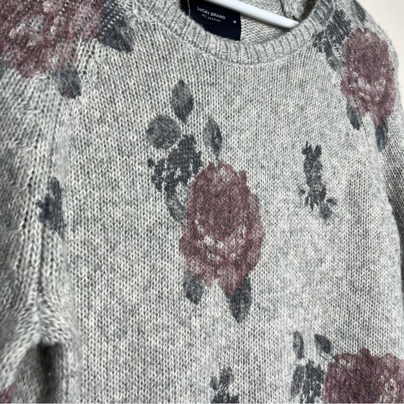 Lucky Brand Wool Blend Scoop Neck Floral Bell Sleeve Sweater in Grey Size Medium - Picture 7 of 9